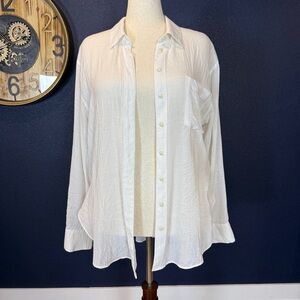 Free People White Gauzy Relaxed Button-Up Shirt | Size Large